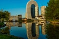 BATUMI, GEORGIA: Department of Justice, Courtyard Marriott Batumi Hotel and skyscrapers are reflected in Lake Ardagani.