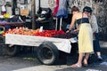 BATUMI, GEORGIA - JULY 01, 2023: Sale of cherries, fruits, vegetables, and other products at the street market in Batumi