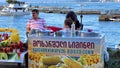 BATUMI, GEORGIA - JUNE 25, 2023: Sale of boiled corn in Batumi marina in city center resort on the Black sea