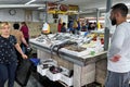 BATUMI, GEORGIA - JUNE 29, 2023: Stalls with fresh seafood at a local fish market in Batumi