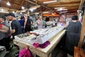 BATUMI, GEORGIA - JUNE 29, 2023: Stalls with fresh seafood at a local fish market in Batumi