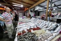BATUMI, GEORGIA - JUNE 29, 2023: Stalls with fresh seafood at a local fish market in Batumi
