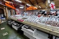 BATUMI, GEORGIA - JUNE 29, 2023: Stalls with fresh seafood at a local fish market in Batumi