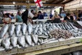 BATUMI, GEORGIA - JUNE 29, 2023: Stalls with fresh seafood at a local fish market in Batumi