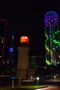 BATUMI, GEORGIA: Night landscape with an Alphabetic Tower and a Lighthouse in the lighting in Batumi.