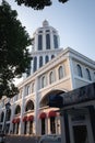 BATUMI, GEORGIA - November 19 2019 : Sheraton Casino and Hotel Building. Bottom view Clock tower. 5 stars. Evening light