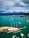 Batumi, Georgia - panorama of beautiful Batumi coastline. View of Batumi sea port. Black Sea touristic dock, Batumi port, harbor