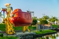 BATUMI, GEORGIA: The red boat is ready to launch on the Ardagani lake in summer in Batumi.