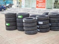 Shop selling car tires. Spare parts sales business. Rubber tires. The concept of changing tires Royalty Free Stock Photo