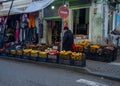 Shop selling fruits and vegetables on the street. Streets of Batumi. Fruit boxes. Sale of vegetables on the sidewalk