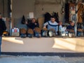 Tobacco vendors at work. East market. Georgian market. Emotional people. Sale of goods. Goods for smoking. Varieties of tobacco