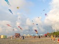 Wind. Festival of kites. Flying a huge kite in the shape of a squid. People fly kites. Beauty in the sky Place on the sea.