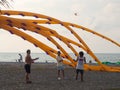 Wind. Festival of kites. Flying a huge kite in the shape of a squid. People fly kites. Beauty in the sky Place on the sea. Holiday