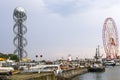 Batumi harbor and port, Alphabet tower, boats and ships. City landscape of Batumi