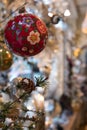 Bauble hanging from Christmas tree, photographed at VV Rouleaux haberdashery shop, Marylebone Lane, London UK Royalty Free Stock Photo