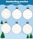 Baubles tracing lines for toddlers. Handwriting practice sheet. Educational children game, printable worksheet for kids. Christmas