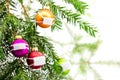 Baubles wearing face mask on fir branch, christmas and corona virus Royalty Free Stock Photo