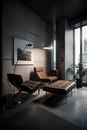 Bauhaus style interior of small cozy living room with brown leather furniture Royalty Free Stock Photo