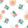 Bauhaus style vector seamless pattern background. Colorful teal, pink, yellow circles and rectangles scattered on white