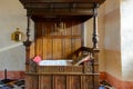 Antique wooden child carved tester bed in Duke`s room in Bauska Castle Duke`s Residence