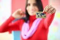 Bauty woman holding plastic credit card Royalty Free Stock Photo