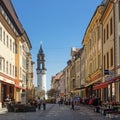 Bautzen, Saxony, Germany - 2018/04/18: Street in the old town with historical tower Royalty Free Stock Photo