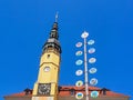 Bautzen, Saxony, Germany - 2018/04/18: tower of the town hall and maypole Royalty Free Stock Photo
