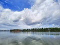 bauxite barge tied on a riverside tree with trees and blue sky background