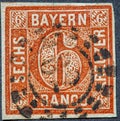 Bavaria / Germany circa 1862: A stamp from Bavaria in Germany in brown showing the number 6 Kreuzer and the word Franco