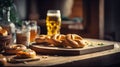 Bavarian food with beer on a wooden table. Generative AI