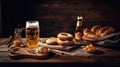 Bavarian food with beer on a wooden table. Generative AI