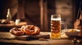 Bavarian food with beer on a wooden table. Generative AI