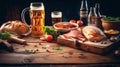 Bavarian food with beer on a wooden table. Generative AI