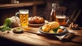 Bavarian food with beer on a wooden table. Generative AI