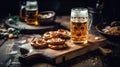 Bavarian food with beer on a wooden table. Generative AI