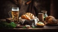 Bavarian food with beer on a wooden table. Generative AI