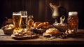 Bavarian food with beer on a wooden table. Generative AI