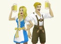 Bavarian German Couple wearing traditional Clothing and Hold the Beers