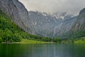 Bavarian lake, mountains, and waterfall Royalty Free Stock Photo