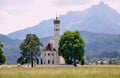 Bavarian landscape, Germany, Munich, autumn time around Oktoberfest. Typical South Bavaria. Small church and the Alps. Peaceful m Royalty Free Stock Photo