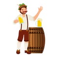 bavarian man holding beers glass and barrel