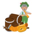 Bavarian man with trumpet and beer barrels