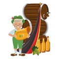 Bavarian man with trumpet and beer barrels