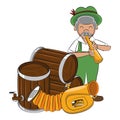 Bavarian man with trumpet and beer barrels