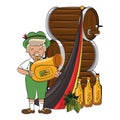 Bavarian man with trumpet and beer barrels