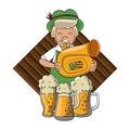 Bavarian man trumpet and beer cups Royalty Free Stock Photo