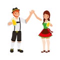bavarian man and woman holding hands with beers