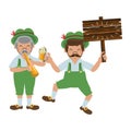 Bavarian mens with beer and wooden sign