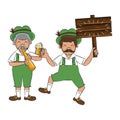 Bavarian mens with beer and wooden sign
