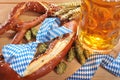 Bavarian Oktoberfest soft pretzel with beer Royalty Free Stock Photo